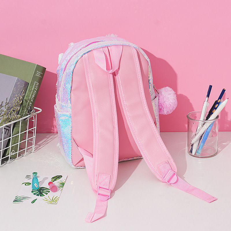 Cross-border supply of tie-dyed plush unicorn schoolbags, hairball keychains, sequined backpacks, versatile and fashionable storage details Picture