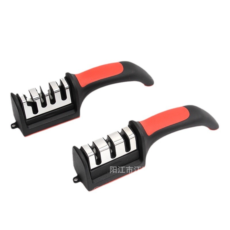 Cross-border handheld rojo negro afilador de cuchillos piedra afilador manual afilador rápido cocina hogar tres secciones cuatro secciones afilador de cuchillos barra Item Picture