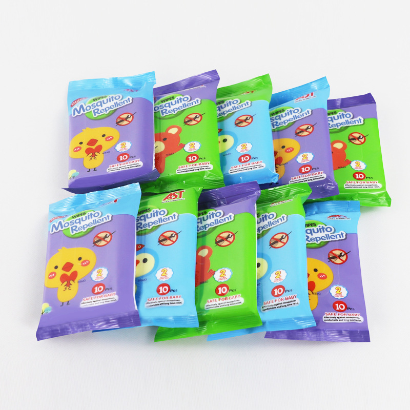 AST Foreign Trade 10-piece Children's long-lasting mosquito repellent Wet Wipes, plant-based fragrance without additives, baby mosquito repellent wet wipes