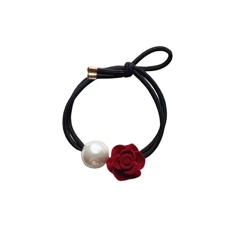 French high-end retro pearl rose flower hair tie and hair band, girls' high school elastic rubber band hair tie, ponytail headwear Item Picture