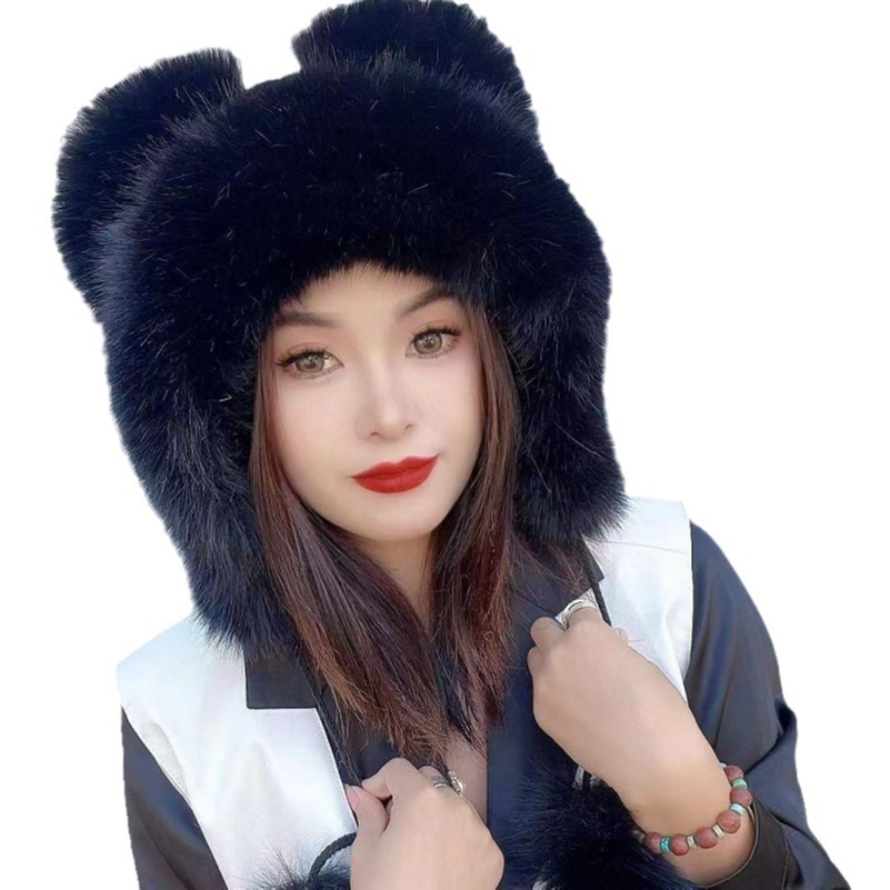 New cute bear-ear hats imitating fox fur autumn and winter hats, women's winter fur hats, stylish ski caps for warmth Item Picture