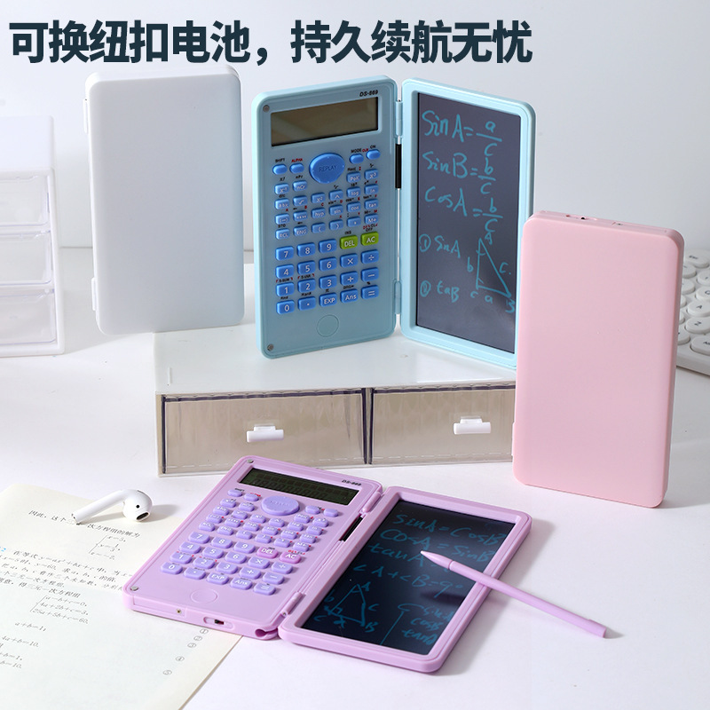 Light blue dual-function folding calculator with writing screen and stylus, portable multi-functional scientific calculator, blackboard note-taking tool Specification image