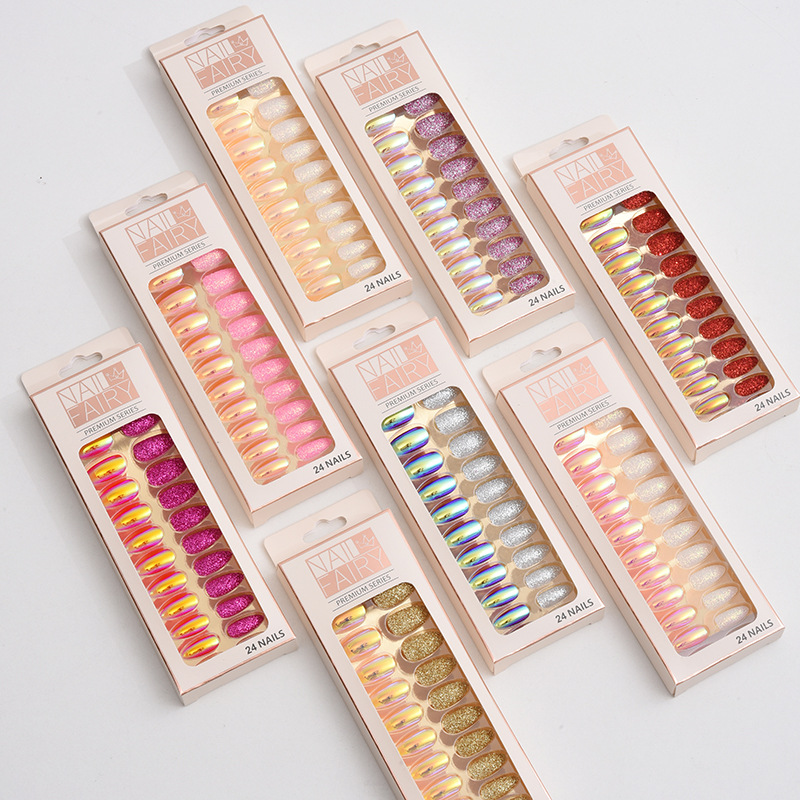 Fake nails, detachable nail art pieces, 24-piece set, finished scallion powder electroplated patches, wearable nails wholesale, ultra-thin Aurora nails