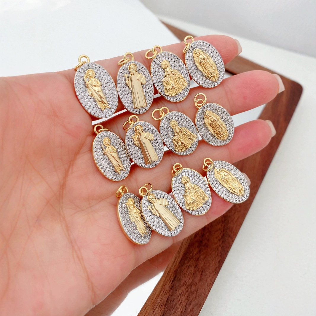 European and American fashion high-end oval brand Virgin Mary inlaid zircon two-color pendant collarbone necklace accessory Specification image