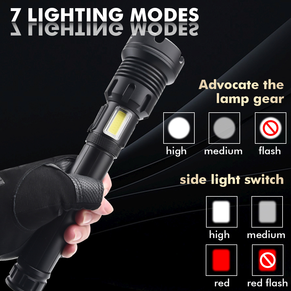 The new cross-border xhp90+cob red and white light high-intensity flashlight with telescopic focusing and usb charging details Picture