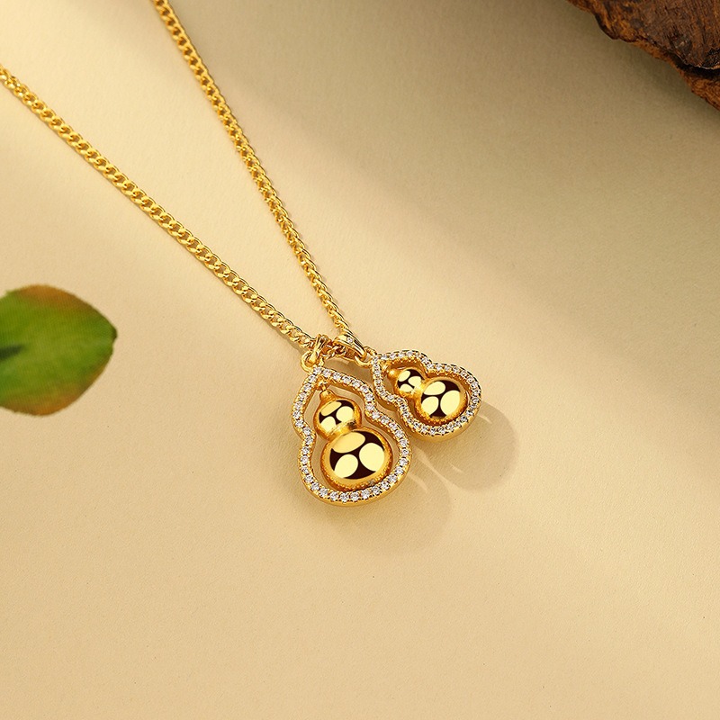 The same style of rotatable double gourds stacked pendant, traditional Chinese style sand gold sweater chain gourd pendant necklace Specification image