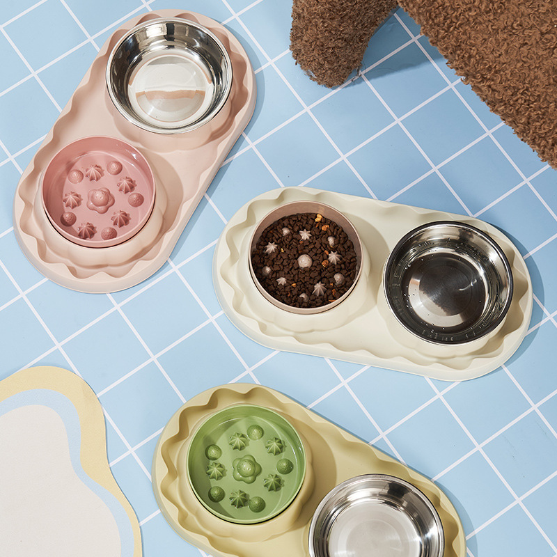 Rongka Pet Cross-border Cat Stainless Steel Double Bowl Dog anti-choking Slow Food Bowl Anti-Tipping Cat Bowl Large Capacity Anti-leakage Dog Bowl Pet Bowl