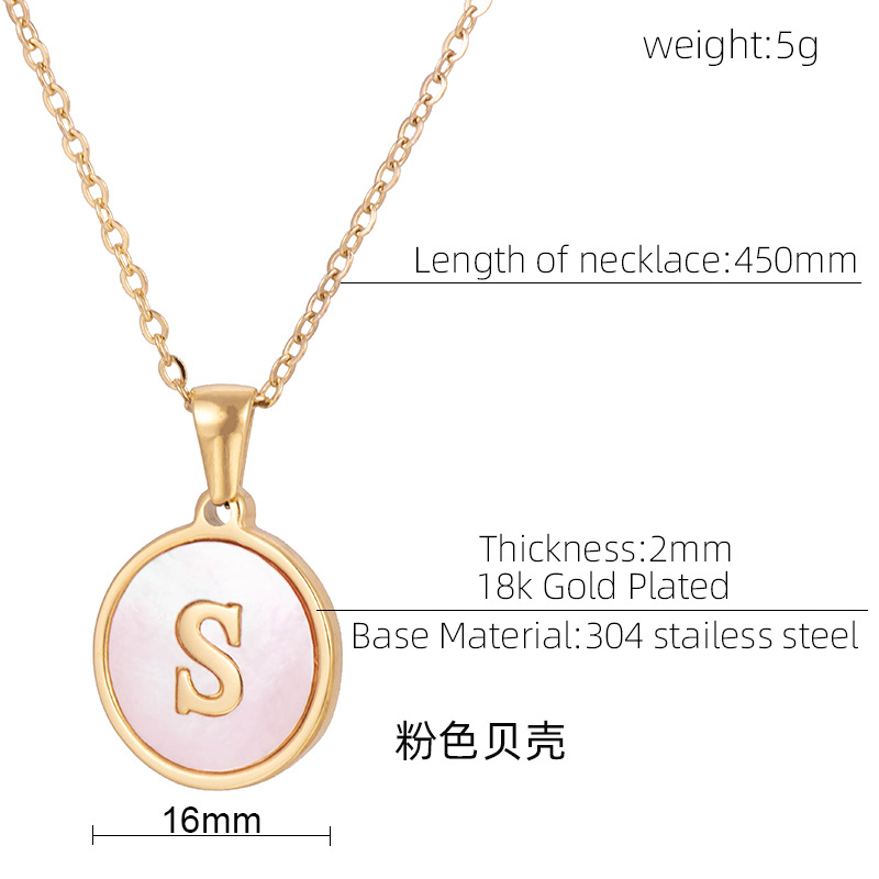 ins Cross-border European and American 18k round pink shell stainless steel letter pendant, foreign trade titanium steel letter necklace for women details Picture