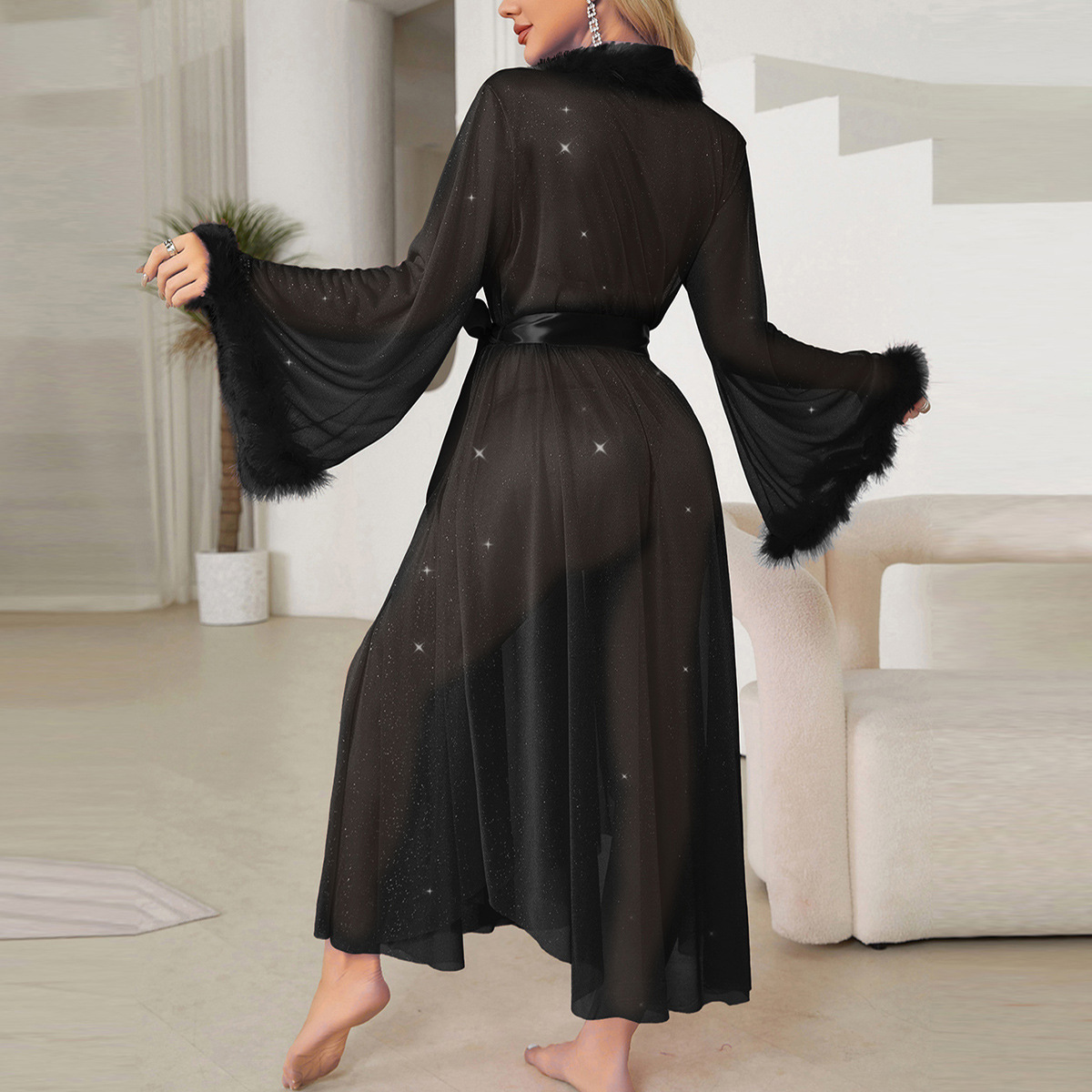 Feiyun Foreign Trade's new silver-threaded pajamas for women, light luxury long-sleeved, cool and fluffy bathrobes, and home wear for women, 680 Specification image