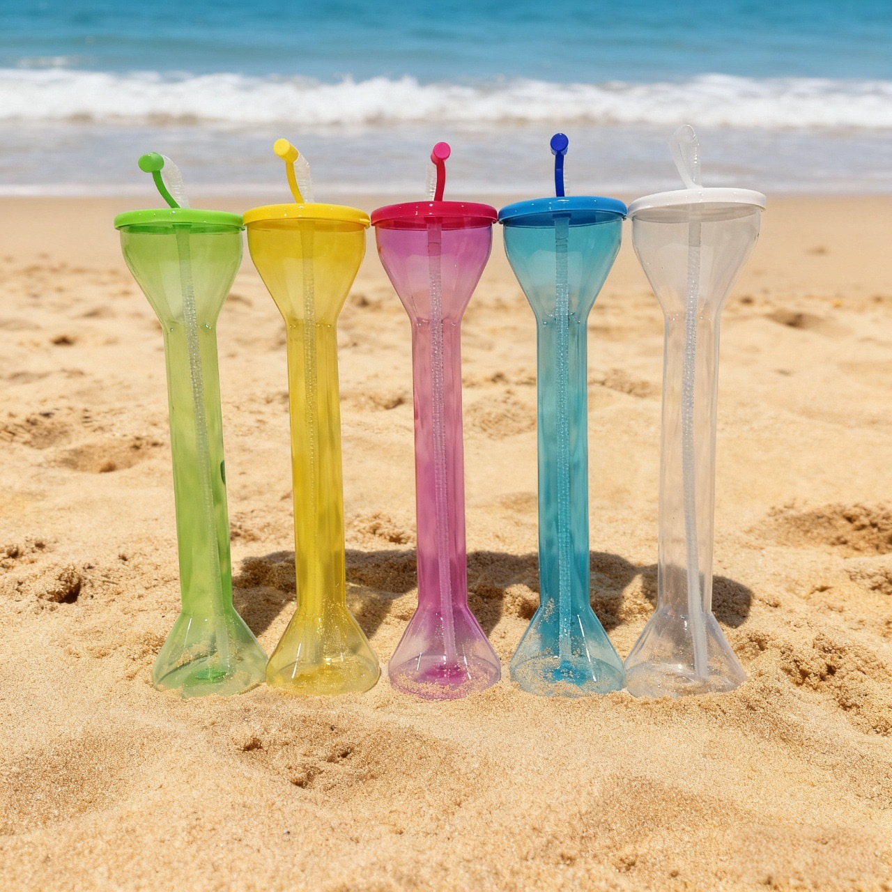 Cross-border manufacturer wholesale dumbbell straw cups 600ml, creative beach party bar colorful beverage bottles, food grade Application Scenario