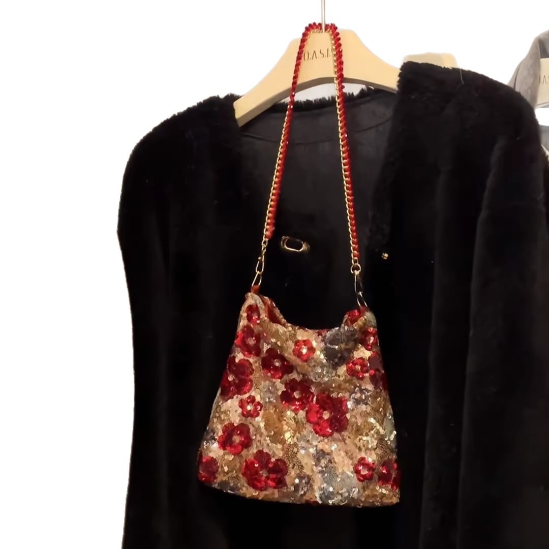 Cross-border niche high-end red sequined flower hand-held armpit bag, atmosphere banquet single-shoulder crossbody bag, women's bag, handbag, hand-held bag, fringed women's bag, handbag, sequined bag Item Picture