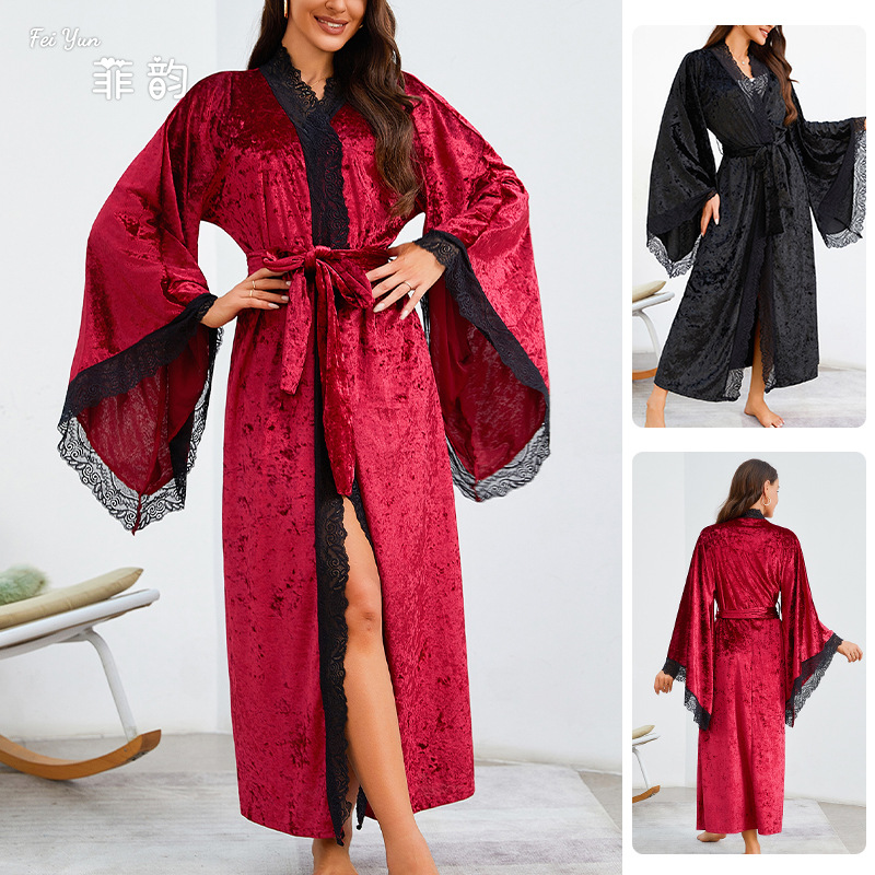 Feiyun's new European and American extended bathrobe, sexy lace light luxury long-sleeved velvet bathrobe and home wear, 623