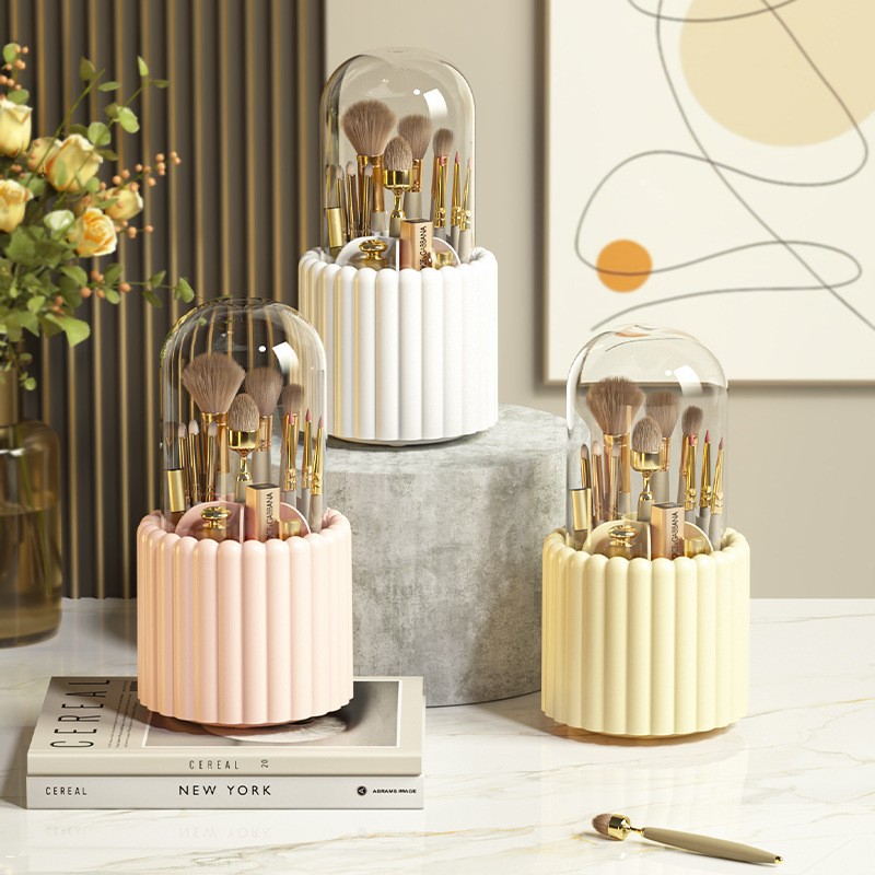 A prueba de polvo con cubierta cepillo de maquillaje cubo de almacenamiento rotativo punto convexo soporte de lápiz de escritorio maquillaje lápiz de ceja organizador rack wholesale