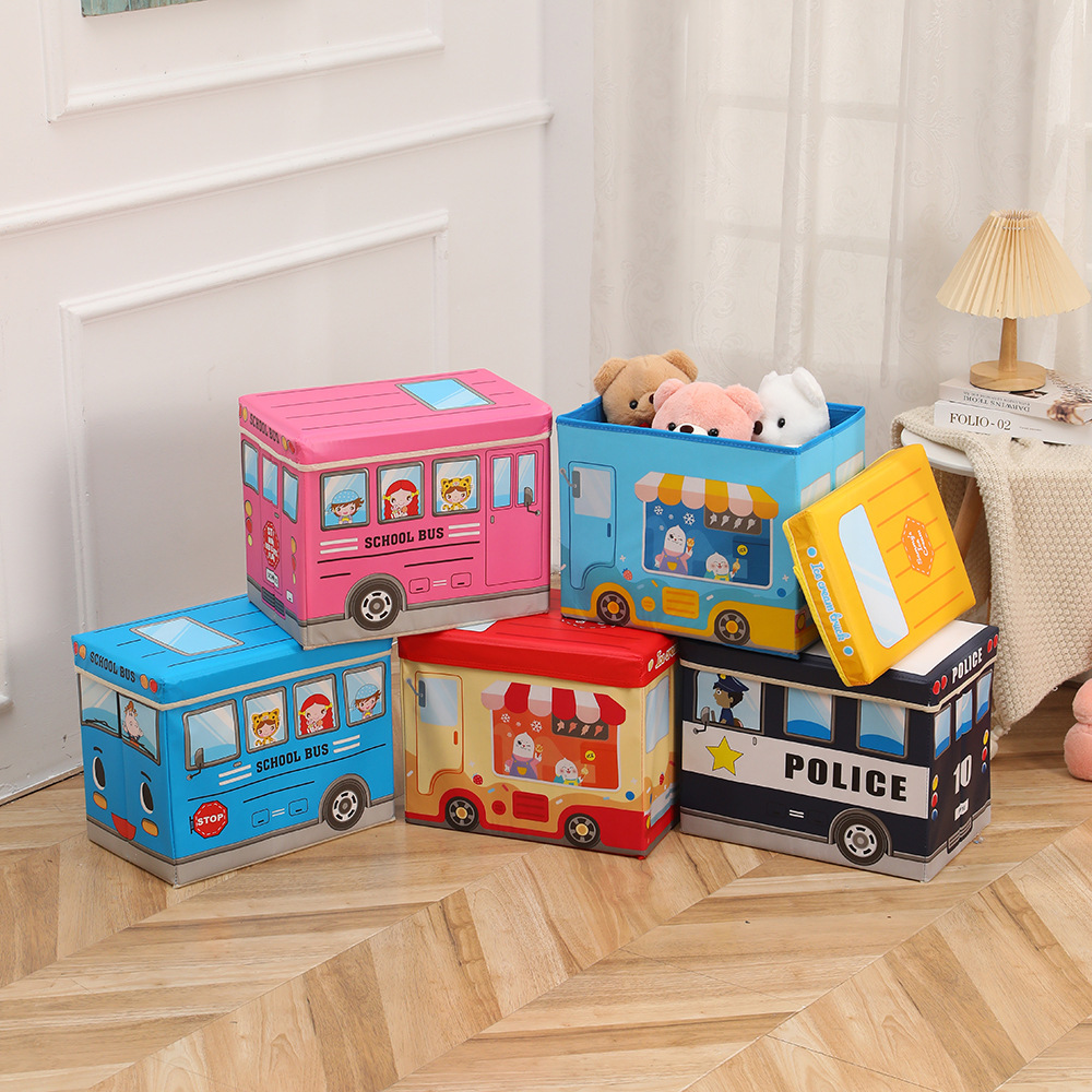 Wholesale of seated cartoon car storage boxes, multi-functional large-capacity storage boxes, folding storage stools