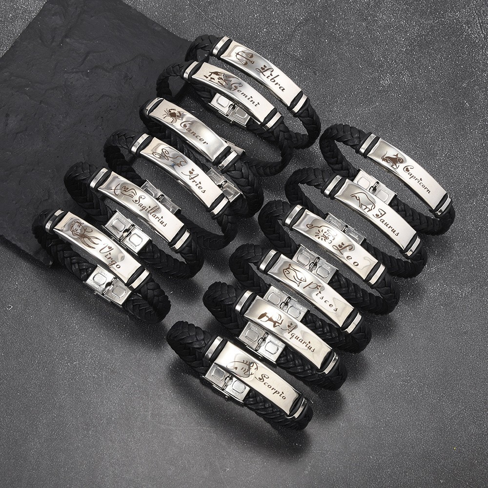 In Europe and America, there are 12 popular zodiac sign bracelets, fashionable and individual men's stainless steel leather bracelets, student couple accessories and jewelry