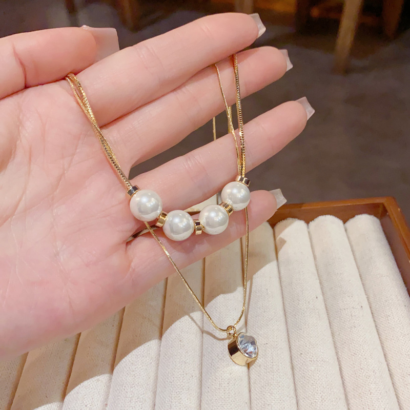 法式复古时尚温柔优雅双层珍珠圆钻吊坠项链女高级简约百搭毛衣链