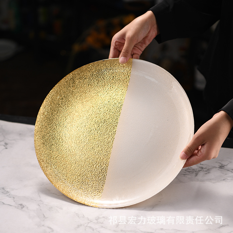 星辰工厂批发金色纹理半边白底圆形餐具餐盘食堂托盘碗碟盘子