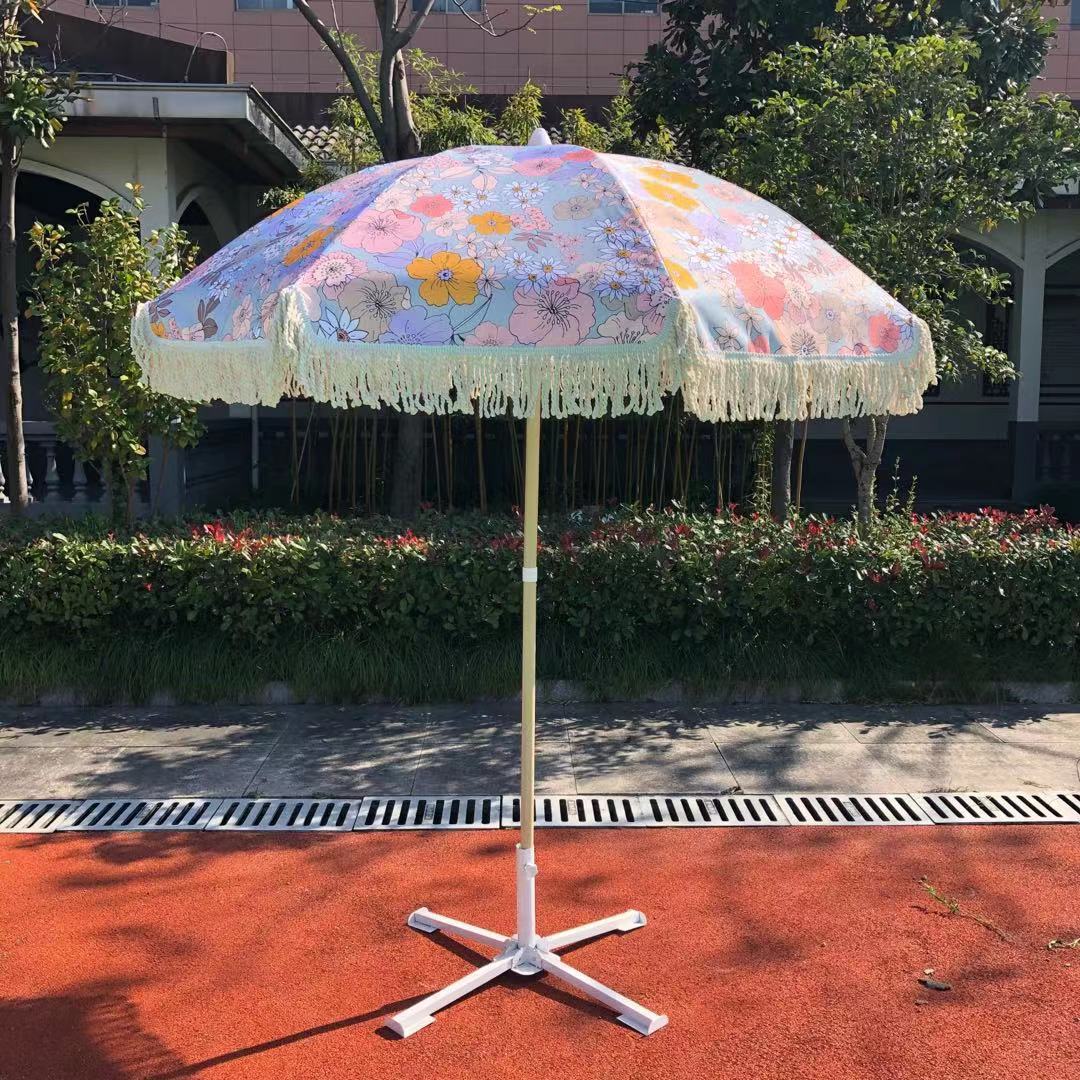户外2米 流苏涤纶木色伞沙滩伞高品质印花休闲庭院装饰伞防风防雨