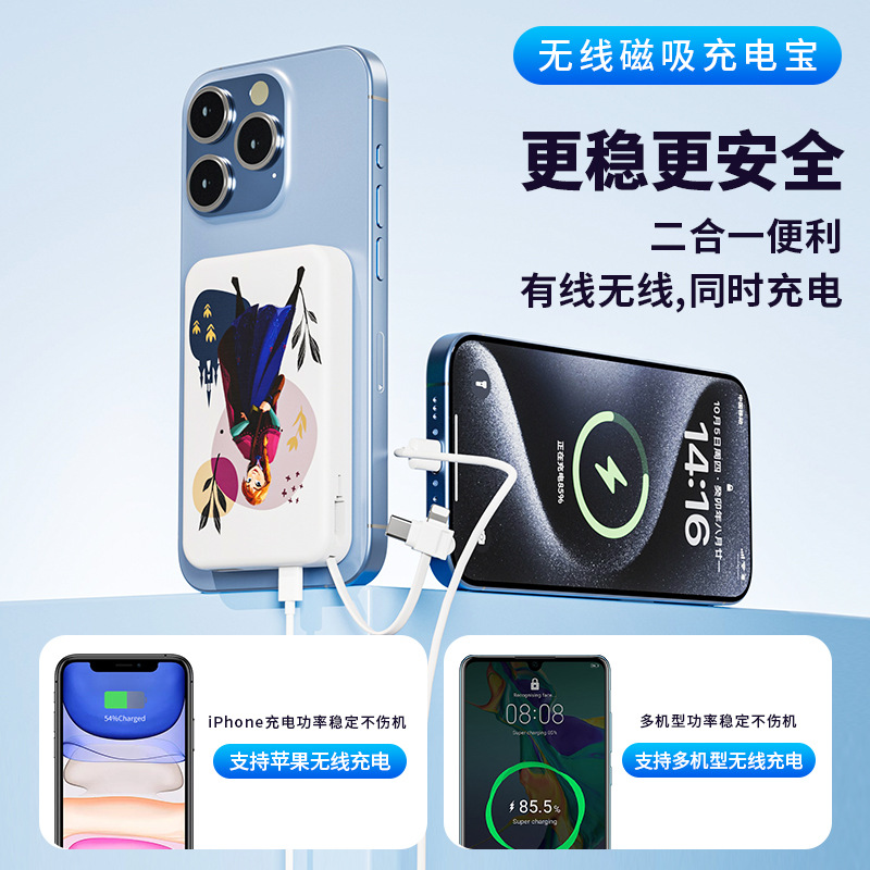 Disney 3C-certified magnetic power bank with built-in cable, digital display, bidirectional fast charging, thin and portable wireless power bank, wholesale from the source factory Application Scenario