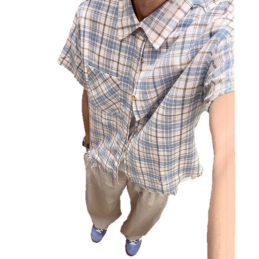 vintage, frosted fringed bamboo joint checkered blue long-sleeved shirt, men's loose and versatile casual shirt jacket Item Picture