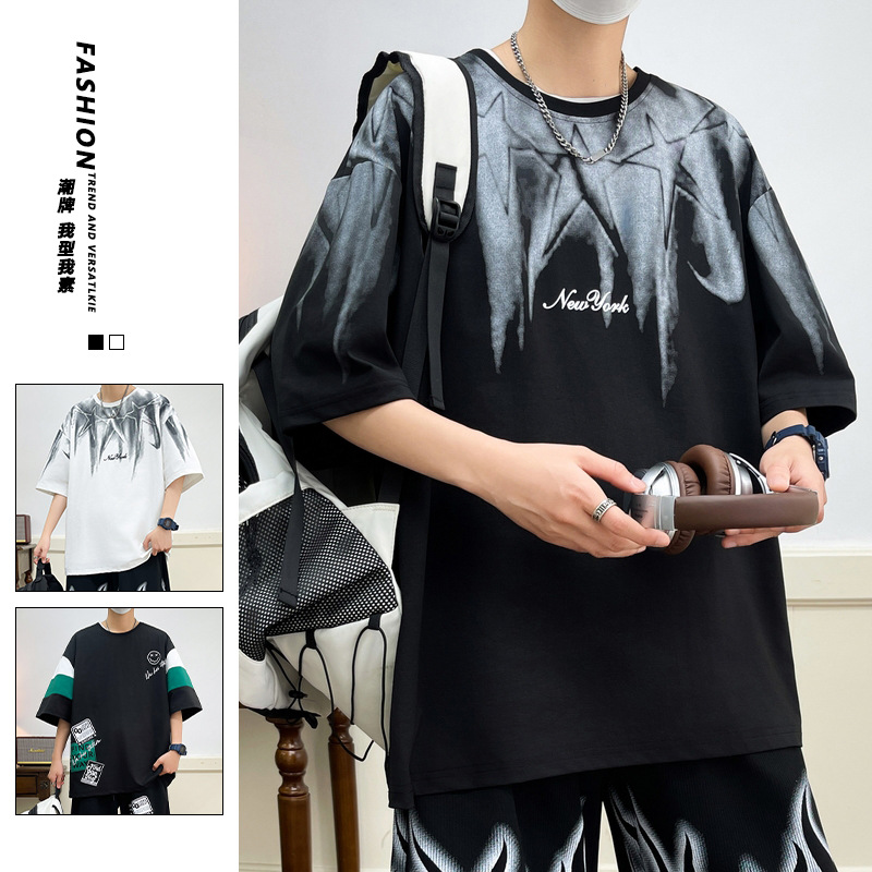 American tie-dyed T-shirt men's short-sleeved print summer new trendy, cool and stylish, loose and versatile half-sleeved men's top details Picture