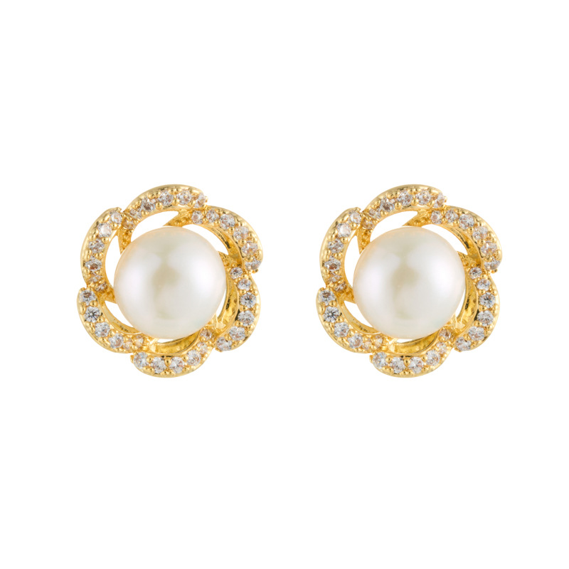 Best-selling 3D pearl and 3D flower stud earrings, copper alloy, real gold electroplated, micro-inlaid zircon s925 silver needle women's earrings Item Picture
