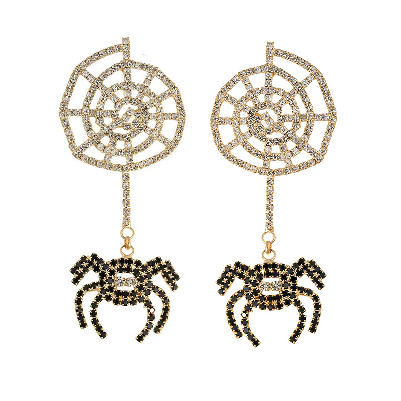 Halloween atmosphere earrings, European and American cross-border spider web rhinestone earrings, trendy and individual black spider diamond-encrusted party earrings wholesale
