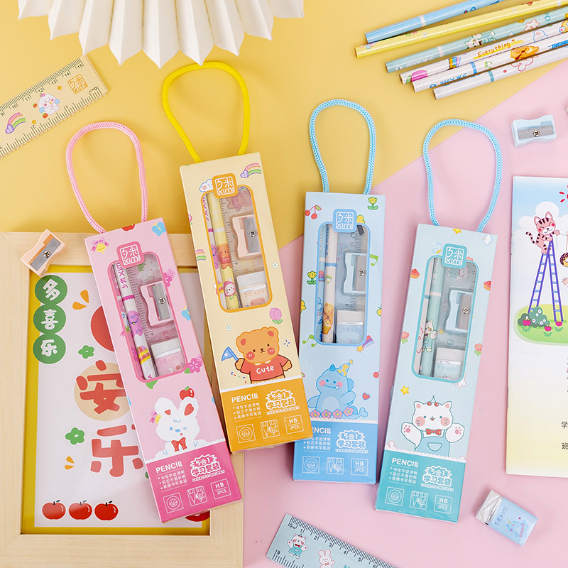 Back-to-school stationery cartoon set, Children's Day gift, kindergarten, primary, junior high and senior high school pencils, rulers, erasers, pencil sharpeners, prizes Specification drawing