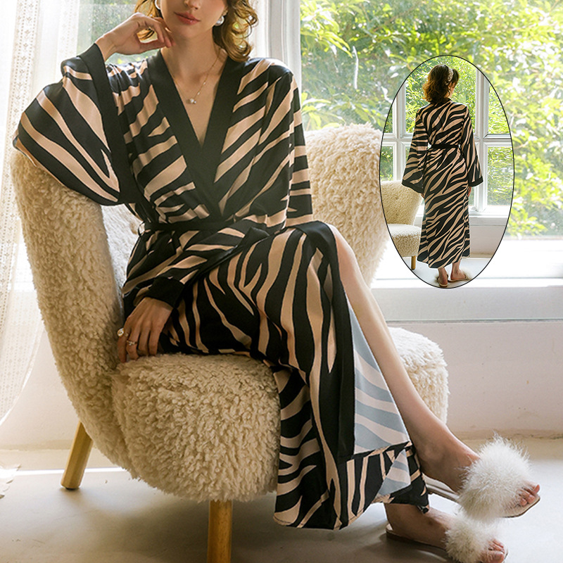 Feiyun French Silk lace-up Long Light Luxury Home wear, French retro zebra print long-sleeved bathrobe for women, 211