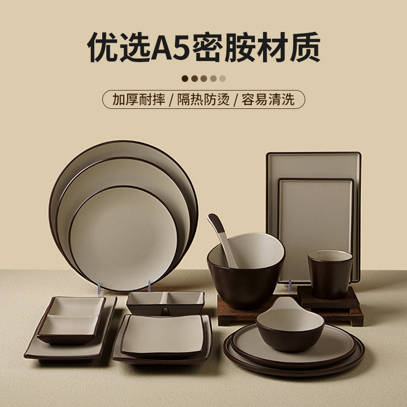 Porcelain-like tableware, rectangular plates for hot pot restaurants, commercial barbecue plates, grilled meat plates, creative side dishes, melamine plates, creative melamine tableware, green-edge plastic round plates, hotel Western cuisine, steak plates, pasta plates, a sense of luxury