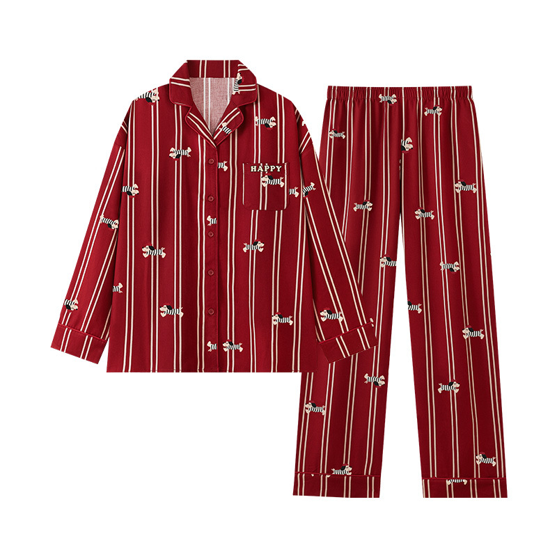 Newlyweds, wedding zodiac year, bright red couple pajamas for women, spring and autumn pure cotton for the bride and groom, festive men's home wear Item Picture
