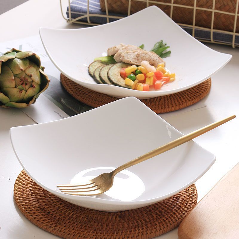 High-quality ceramic plates in ins, home-use square upturned plates, soup plates, salad bowls, light luxury Nordic-style deep plates details Picture