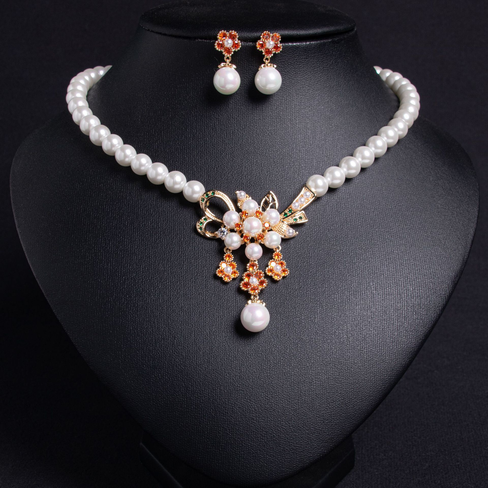 European and American super glittering pearl bride necklace, women's earrings, high-end luxurious dress, wedding dress accessory set, wedding accessories details Picture