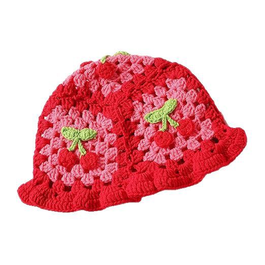 Crossover venta caliente puro hecho a mano tejido cereza hecho a mano sombrero de borde de onda sombrero lindo para las mujeres otoño invierno día Item Picture