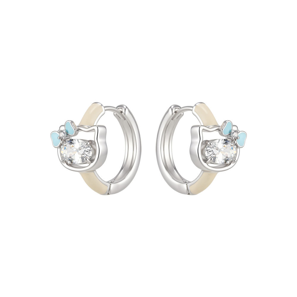 Fábrica de suministro directo de dibujos animados gato arco de la cinta hebilla de la oreja gota de esmalte aceite zirconita grande C pendientes anillos de chica rosa orejeras Item Picture