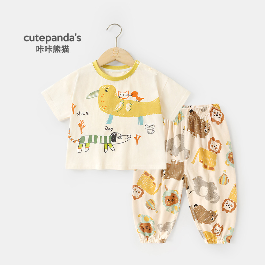 咔咔熊猫男童t恤夏装女童短袖防蚊裤两件套婴儿宝宝夏季休闲套装