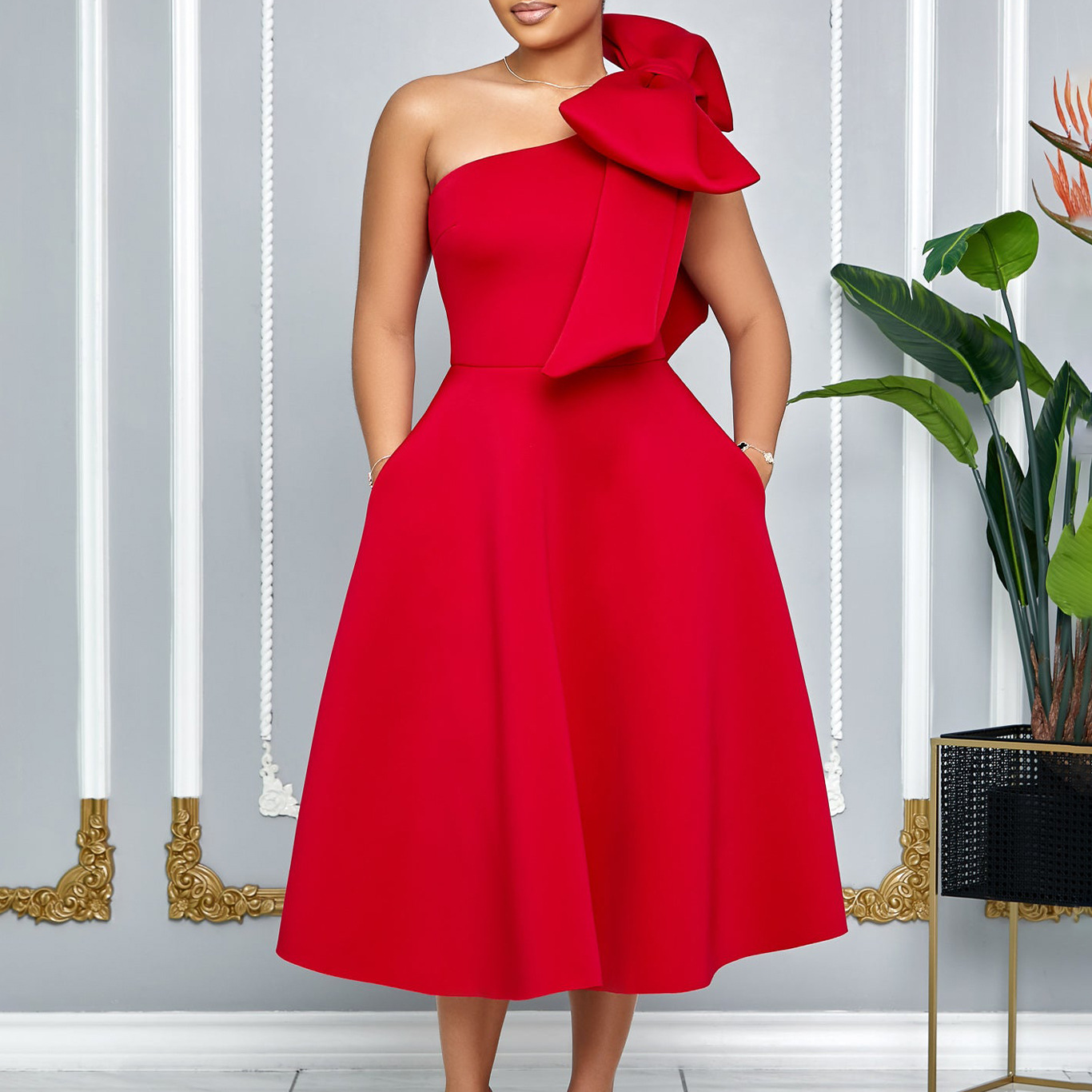 D513 Amazon plum-size women's summer new fashion off-the-shoulder bow banquet dress African dress with a big swing Specification drawing