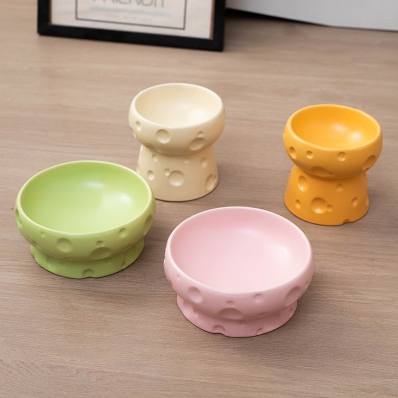 Cheese cat bowl, ceramic cat food bowl, high-legged food bowl, water bowl, flat-mouthed to protect the cervical vertebrae from being knocked over, large-mouthed puppy bowl
