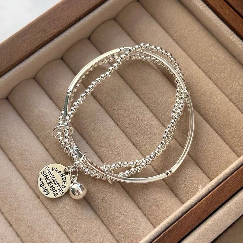 Three-layer multi-loop round bracelet, Korean S925 sterling silver InS-style curved tube elastic rope, silver bead elastic rope bracelet for women Item Picture