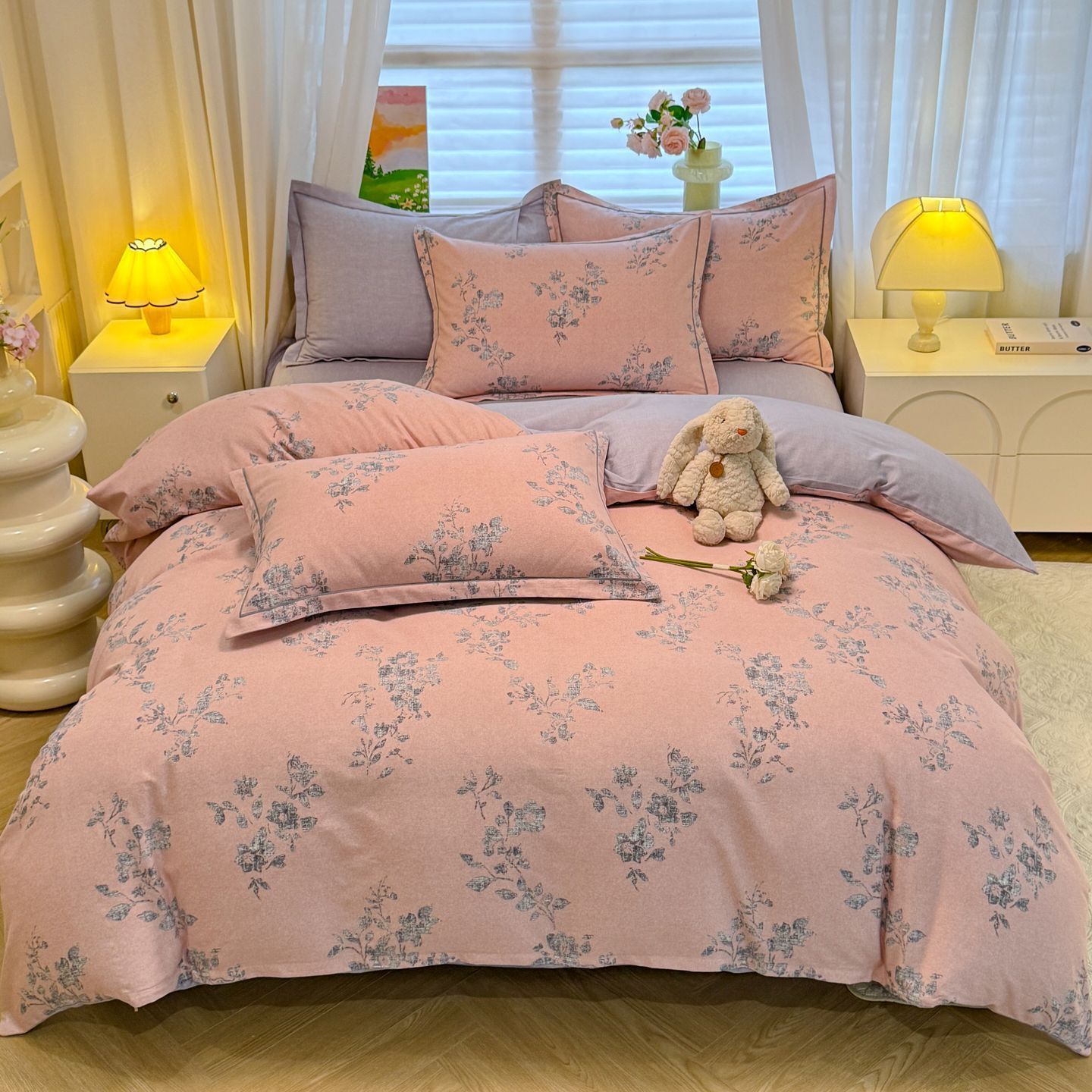 Four-piece set of pure cotton brushed thickened warm bedding for autumn and winter, all-cotton quilt cover, bed sheet, three-piece set of bedding details Picture