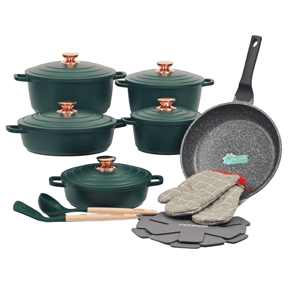 Donnor en stock de suministro de porcelana estilo 18pcs set personalizado al por mayor die casting granite cooker pot set antiadherente Item Picture