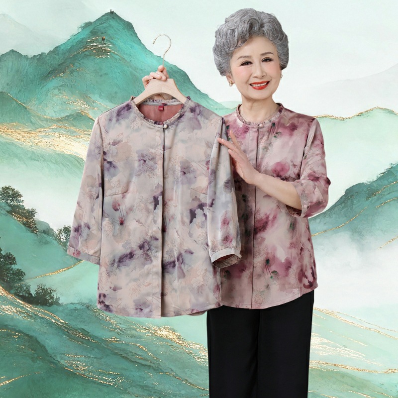 New national trend summer shirts for mothers, women's tops for the middle-aged and elderly, and traditional Chinese style stand-up collar three-quarter sleeves printed shirts