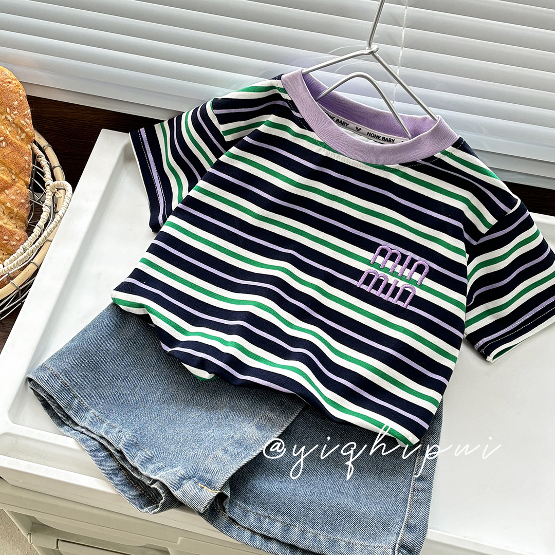 Summer new striped versatile men's and girls' short-sleeved trendy children's casual T-shirt, breathable, comfortable and loose version Specification image