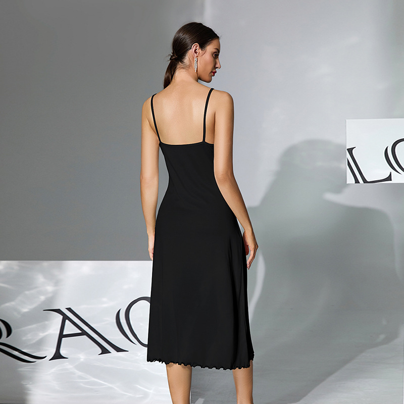 Milk silk skin-friendly halter long dress for women. Multiple patterns to choose from. Printed black and white ear trim. Home wear and sleeping dress 930 Specification image