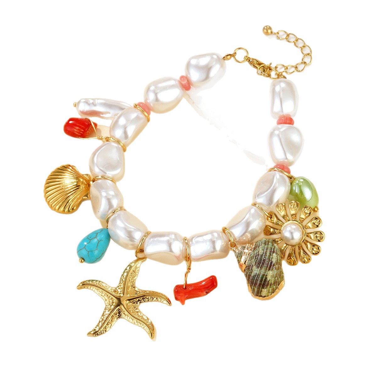 Cross-border vacation style Marine life pearl pendant jewelry, stainless steel heart multi-element bracelet necklace wholesale Item Picture