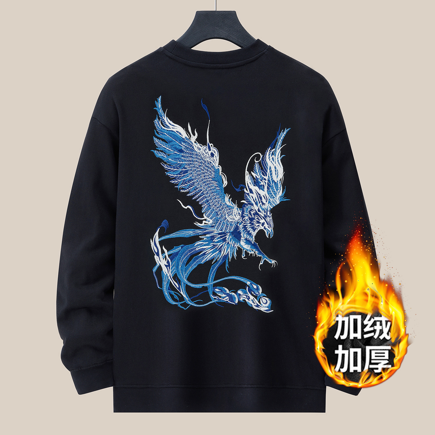 360g autumn and winter new men's round-neck sweatshirt, a loose-fitting and large-sized fashion brand with embroidered pure cotton long-sleeved top details Picture