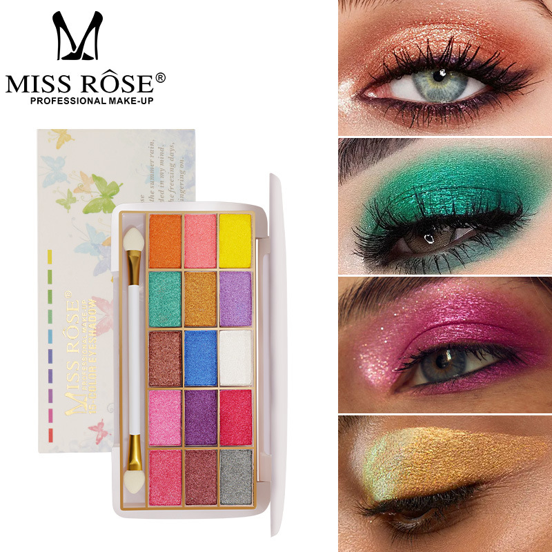 MISS ROSE跨境15色眼影盘 不晕染防水珠光炫彩个性网红化妆彩妆盘