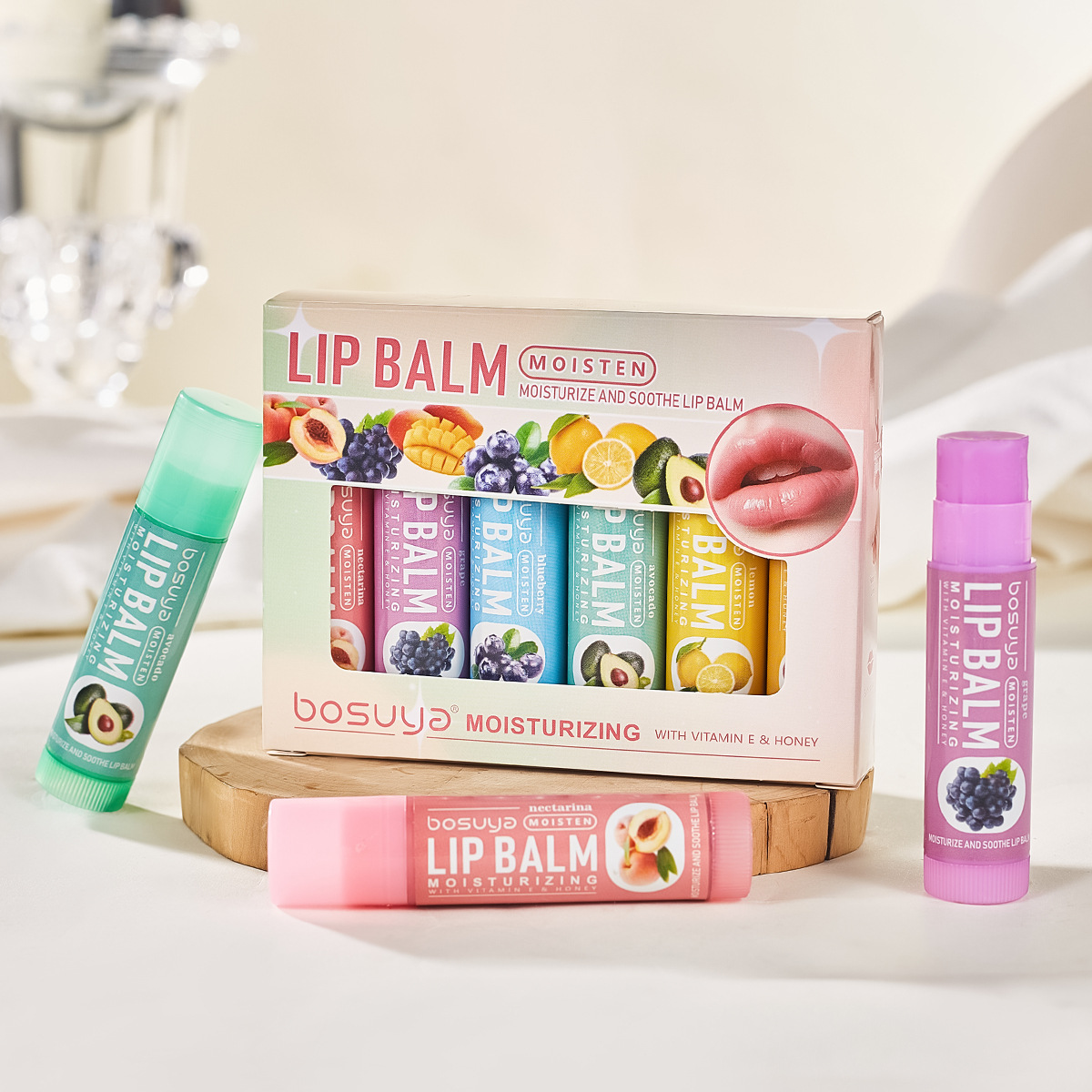 Cross-border exclusive bosuya Lip balm set, 6-tube fruit-flavored lip balm for moisturizing lip care wholesale