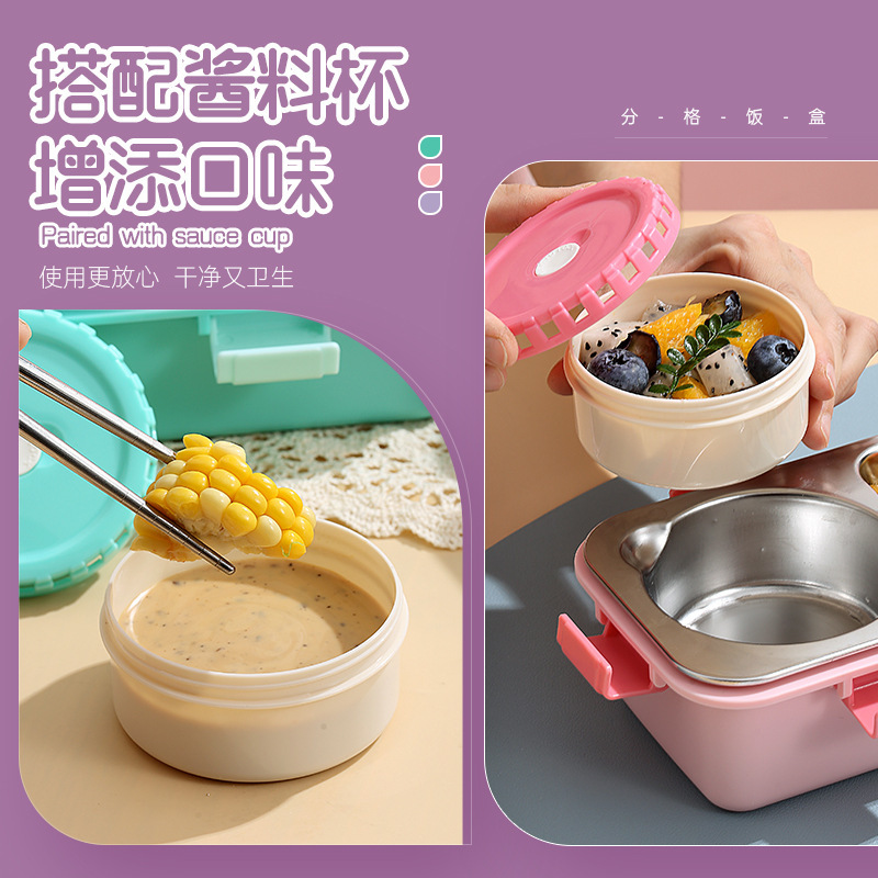 Sealed, buckled light food 304 stainless steel lunch box with two compartments, bowl and heating, portable lunch box for office workers details Picture