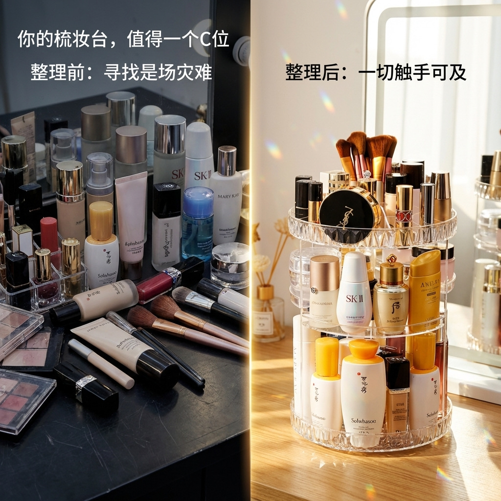 Cross-border rotating cosmetics storage box, shelf, transparent acrylic dormitory desk, skin care products, dressing table, lipstick details Picture